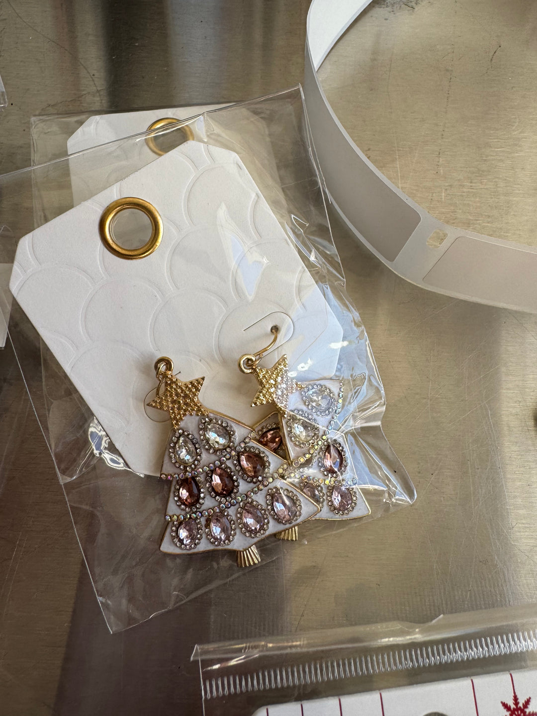White tree with pink stone earrings