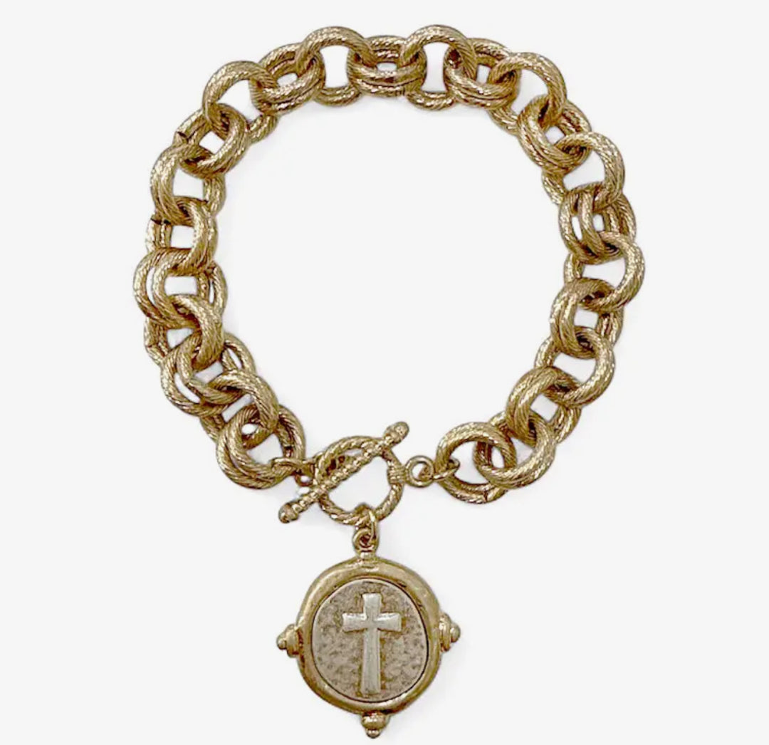 Layered Chain Bracelet Coin Style Cross Pendant
