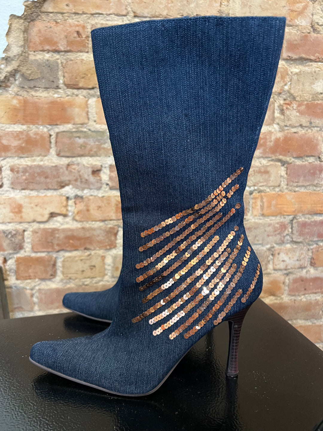 Denim Sequin Heeled Boots
